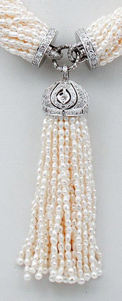 Pearls, Diamonds, 14 Karat White Gold Torchon Necklace.