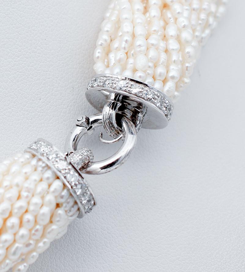 Perlen, Diamanten, 14 Karat Weißgold Torchon-Halskette. im Zustand „Gut“ im Angebot in Marcianise, Marcianise (CE)