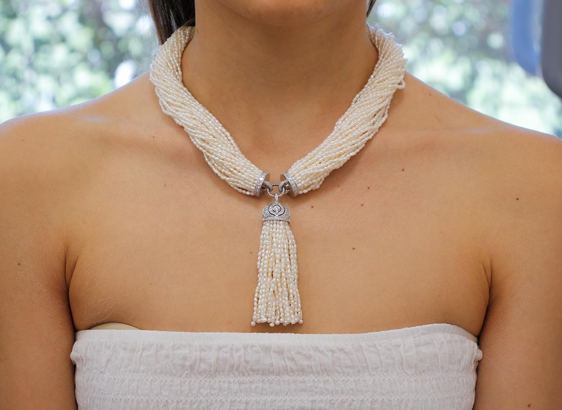 Women's Pearls, Diamonds, 14 Karat White Gold Torchon Necklace. For Sale