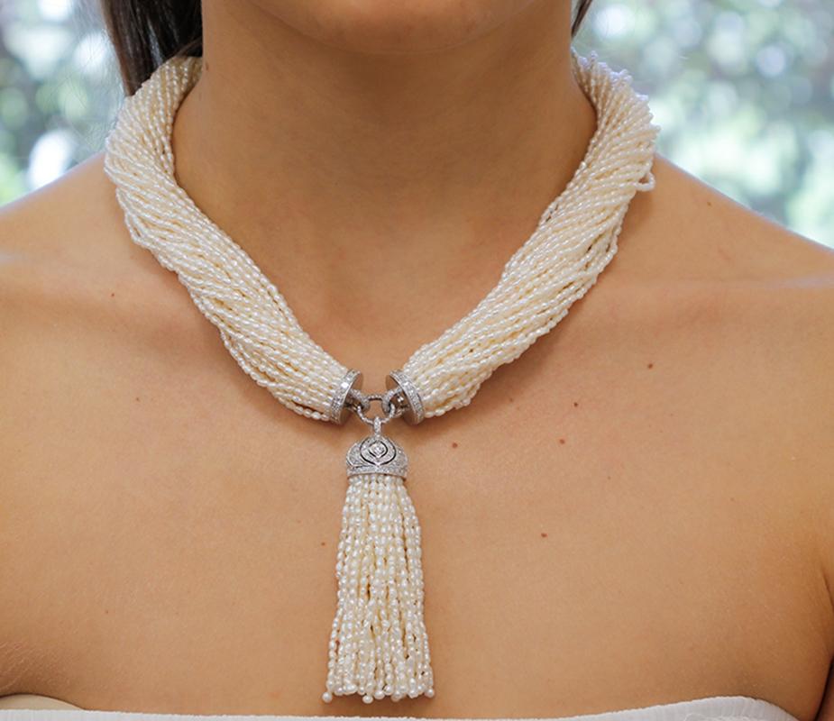 Pearls, Diamonds, 14 Karat White Gold Torchon Necklace. For Sale 1
