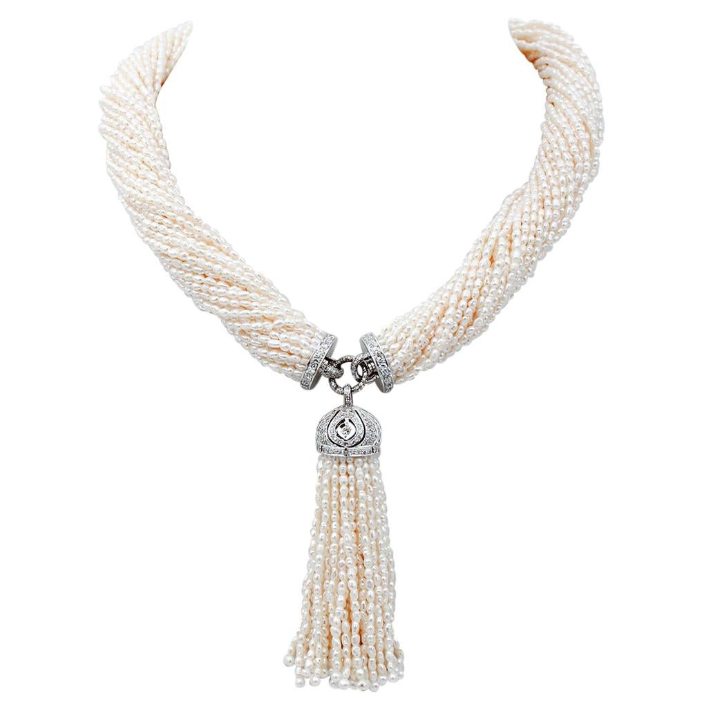 Pearls, Diamonds, 14 Karat White Gold Torchon Necklace. For Sale