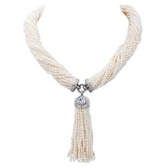 Perles, diamants, collier Torchon en or blanc 14 carats.
