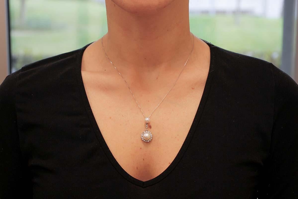 Pearls, Diamonds, 18 Karat Rose Gold and Silver Retrò Pendant Necklace In Good Condition For Sale In Marcianise, Marcianise (CE)