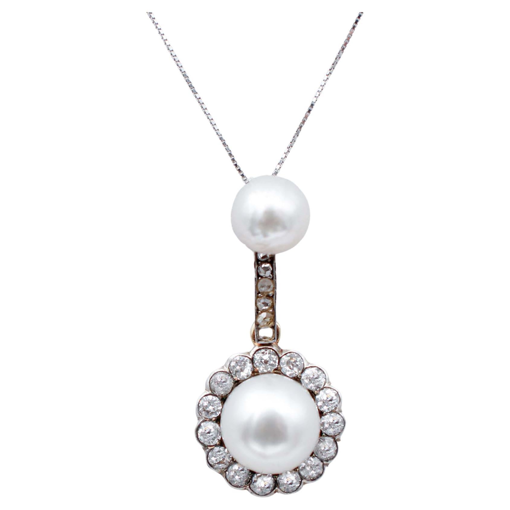 Pearls, Diamonds, 18 Karat Rose Gold and Silver Retrò Pendant Necklace For Sale