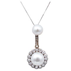 Perlen, Diamanten, 18 Karat Roségold und Silber Retrò-Anhänger Halskette