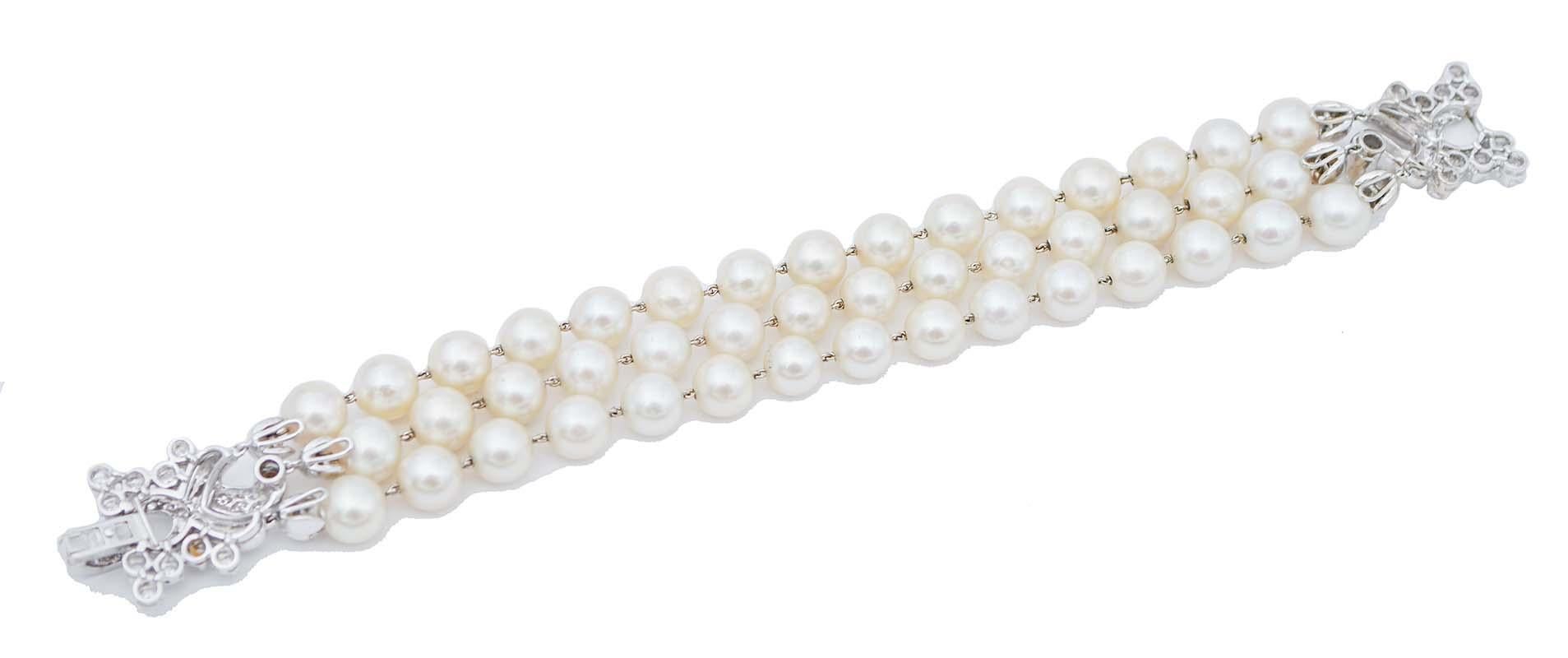 Retro Pearls, Diamonds, 18 Kt White Gold Beaded Bracelet