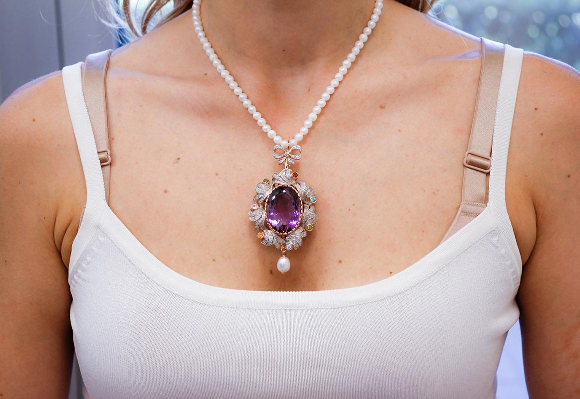 Pearls, Diamonds, Amethyst, Topazs, Peridots, Garnets, Tsavorite Pendant Necklace In Good Condition In Marcianise, Marcianise (CE)