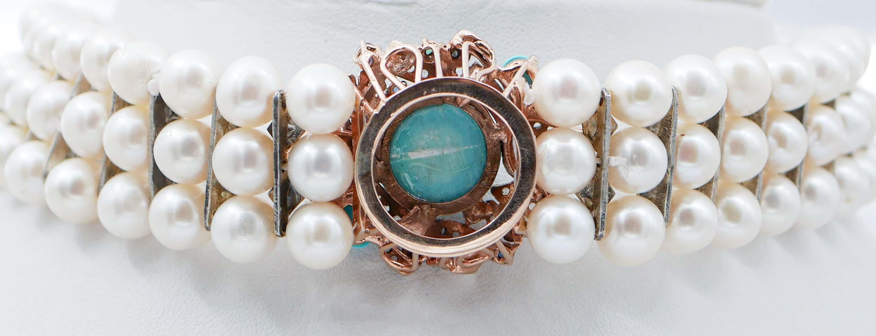 Mixed Cut Pearls, Magnesite, Turquoise, Emeralds, Sapphires, Diamonds, Gold and Silver Nec