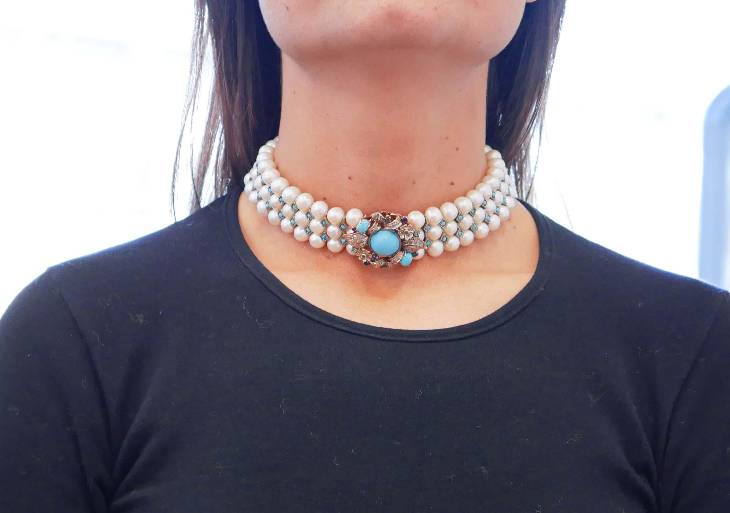 Pearls, Magnesite, Turquoise, Emeralds, Sapphires, Diamonds, Gold and Silver Nec In Good Condition In Marcianise, Marcianise (CE)