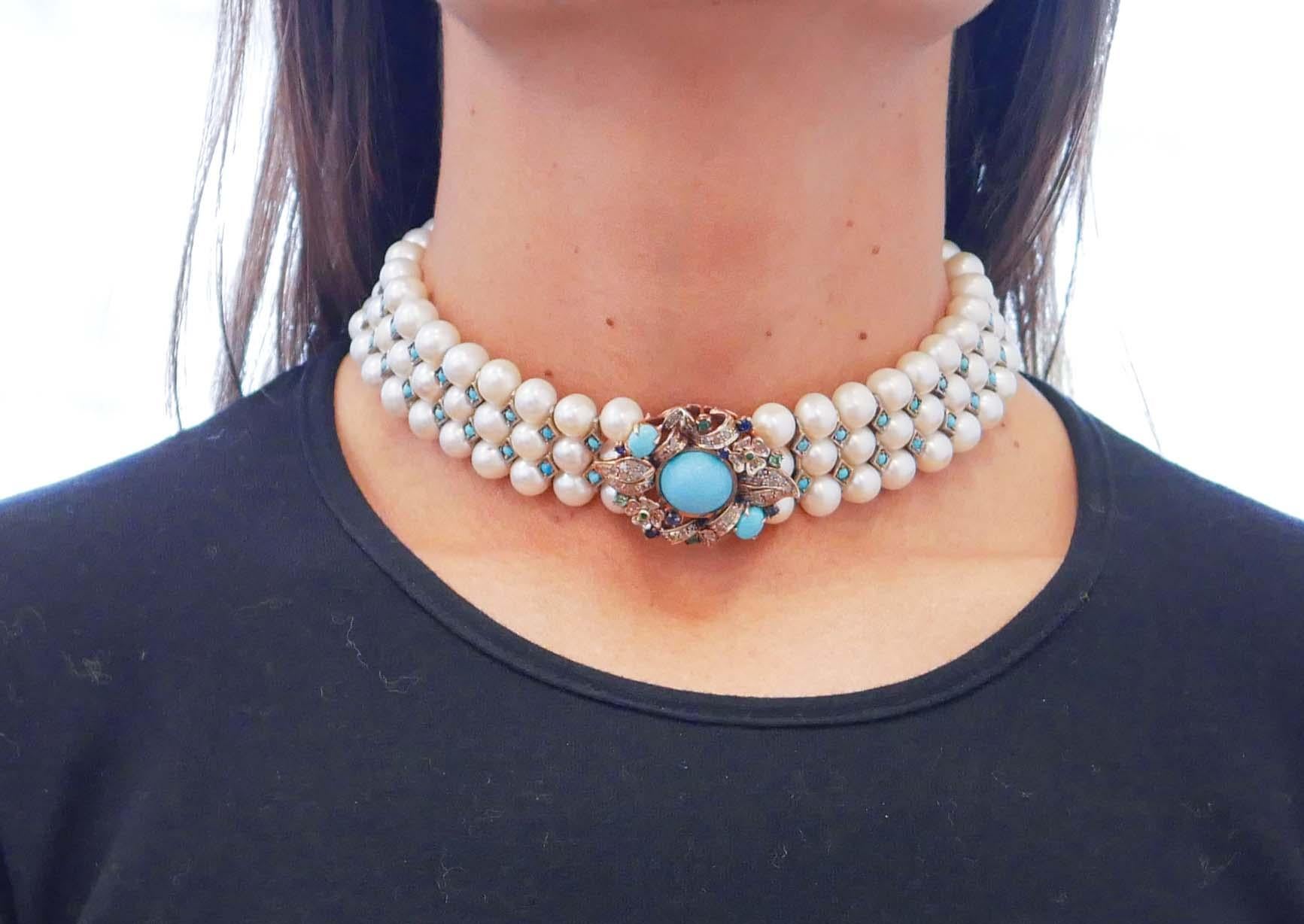 Women's Pearls, Magnesite, Turquoise, Emeralds, Sapphires, Diamonds, Gold and Silver Nec