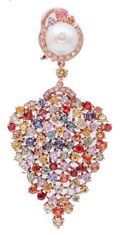 Pearls, Multicolor Sapphires, Diamonds, 14 Karat Rose Gold Dangle Earrings.