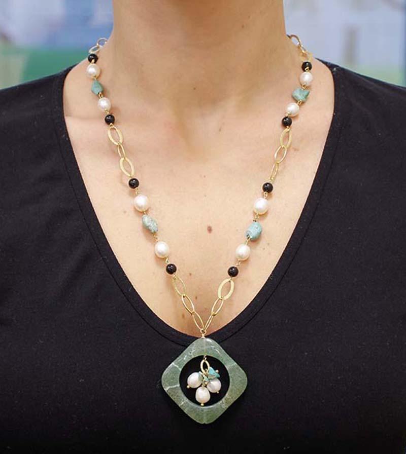 Halskette mit Anhänger aus Perlen, Onyx, Türkis, grünem Stein im Zustand „Gut“ im Angebot in Marcianise, Marcianise (CE)