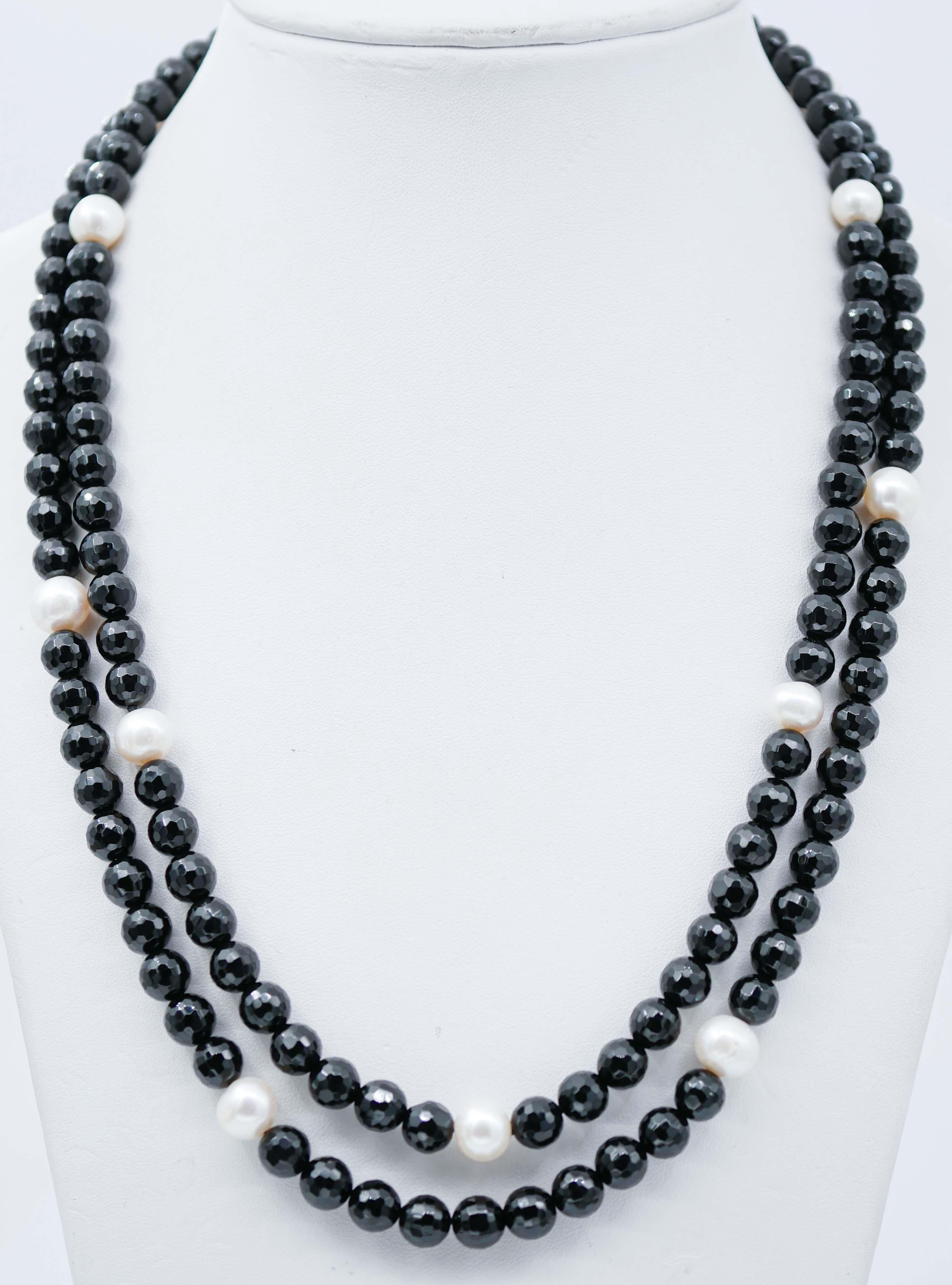 Mixed Cut Pearls, Onyx, White Stones, Rubies, Rose Gold and Silver Retrò Necklace For Sale