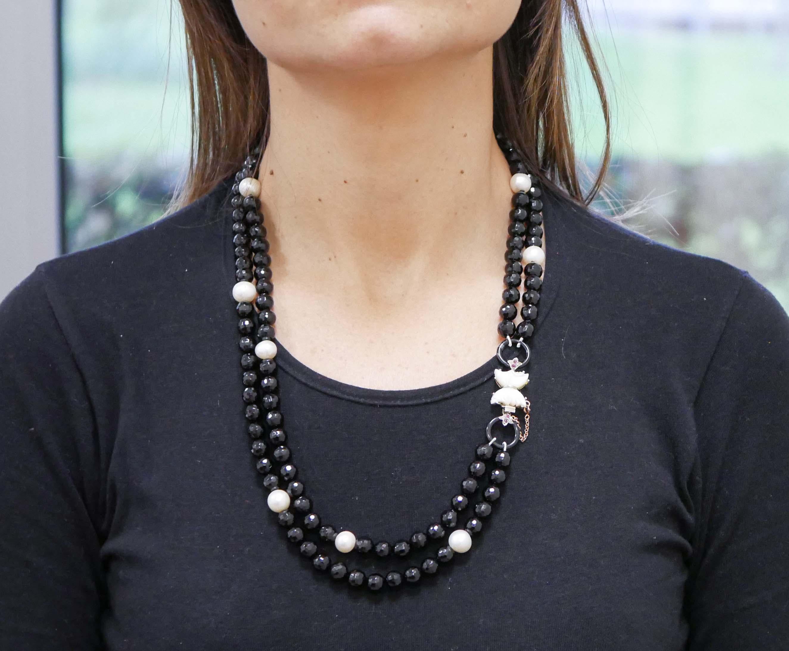 Women's Pearls, Onyx, White Stones, Rubies, Rose Gold and Silver Retrò Necklace For Sale