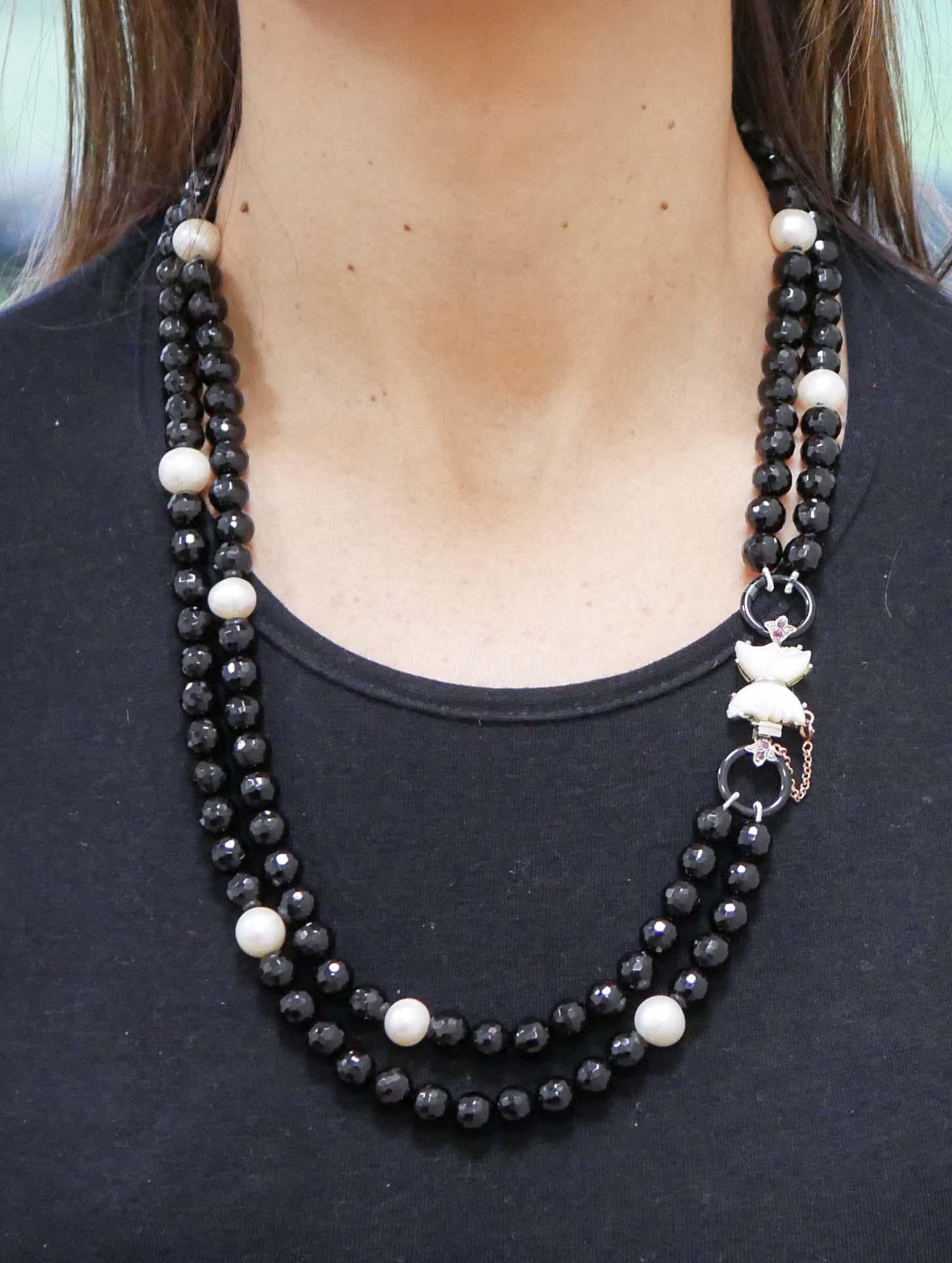 Pearls, Onyx, White Stones, Rubies, Rose Gold and Silver Retrò Necklace For Sale 1