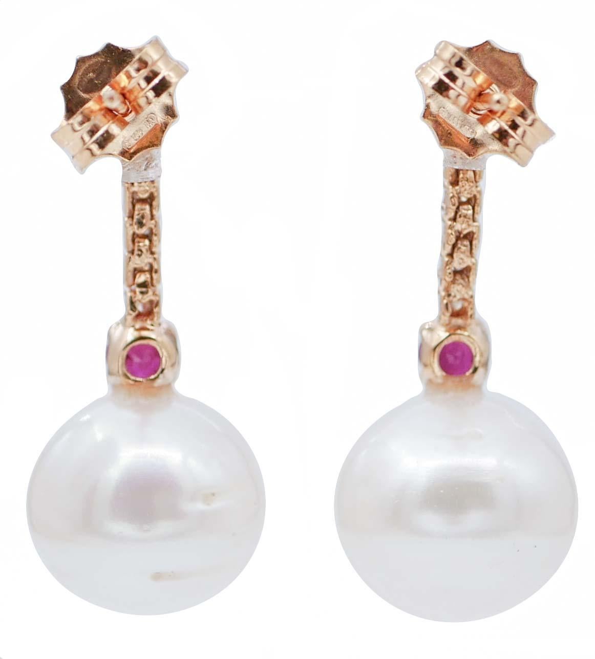 Retro Pearls, Rubies, Diamonds, 14 Karat Rose Gold Tennis Earrings