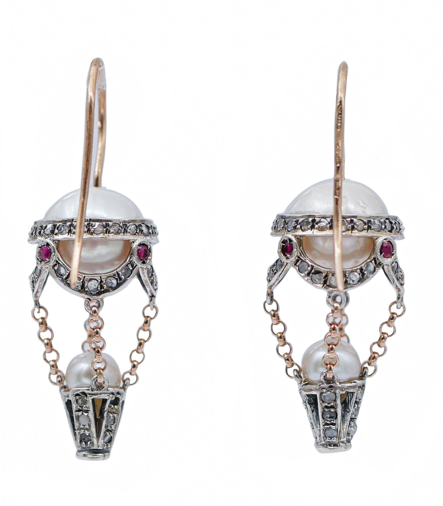 Ohrringe mit Perlen, Rubinen, Diamanten, Roségold und Silber Hot Air Ballon (Retro) im Angebot