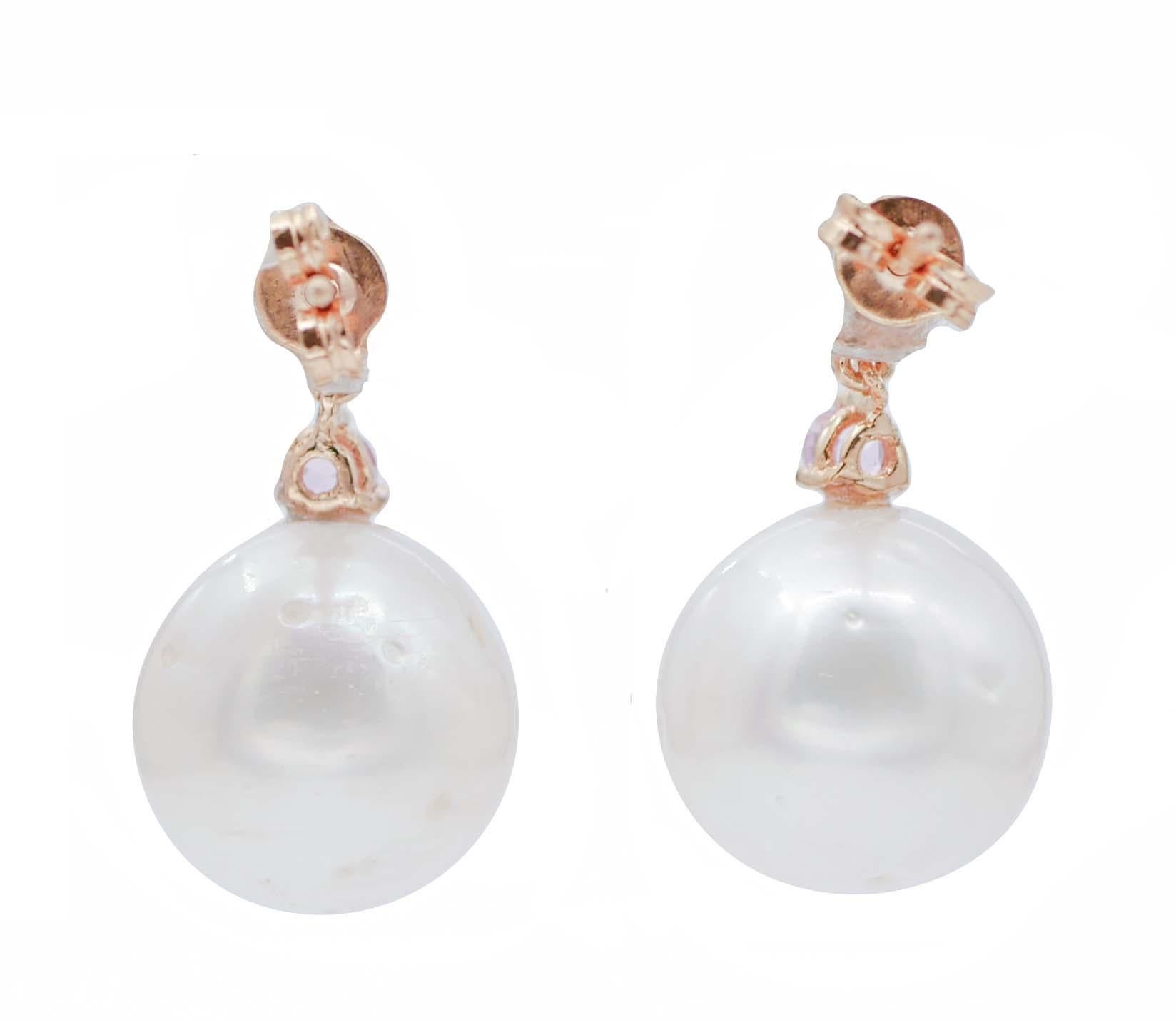 Retro Pearls, Sapphires, Diamonds, 14 Karat Rose Gold Earrings
