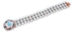 Pearls, Sapphires, Diamonds, Turquoises,  Stone, 14Kt Gold and Silver Bracelet