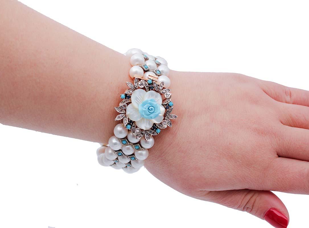 Taille mixte Perles, saphirs, diamants, turquoises  A Stone, bracelet en or 14Kt et argent en vente
