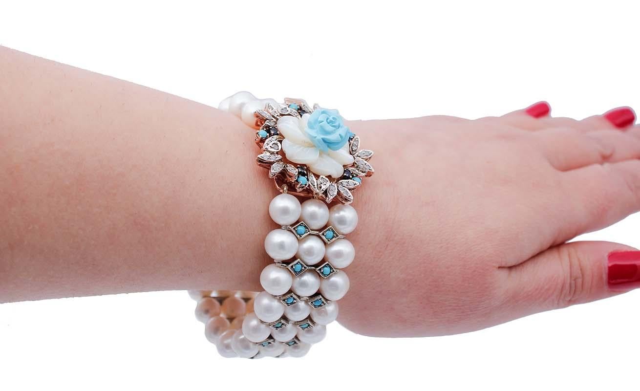 Perles, saphirs, diamants, turquoises  A Stone, bracelet en or 14Kt et argent Bon état - En vente à Marcianise, Marcianise (CE)