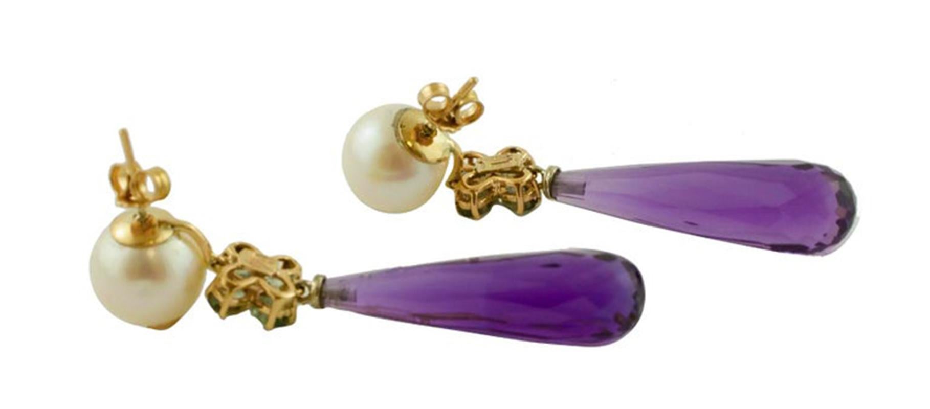 Retro Pearls, Sapphires, Hydro Amethyst, Diamonds, 14 Karat Rose Gold, Dangle Earrings For Sale