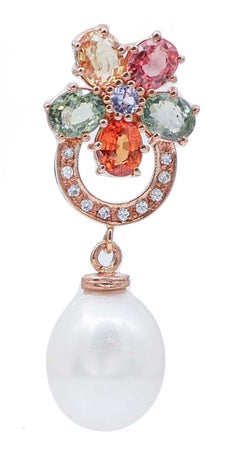Pearls, Tanzanite, Multicolor Sapphires, Diamonds, 14 Karat Rose Gold Earrings.