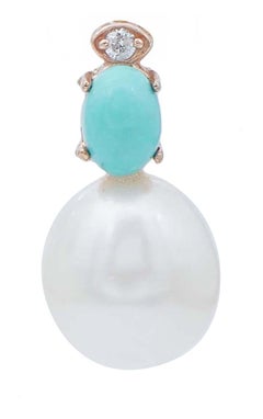 Pearls, Turquoise, Diamonds, 14 Karat Rose Gold Big Earrings