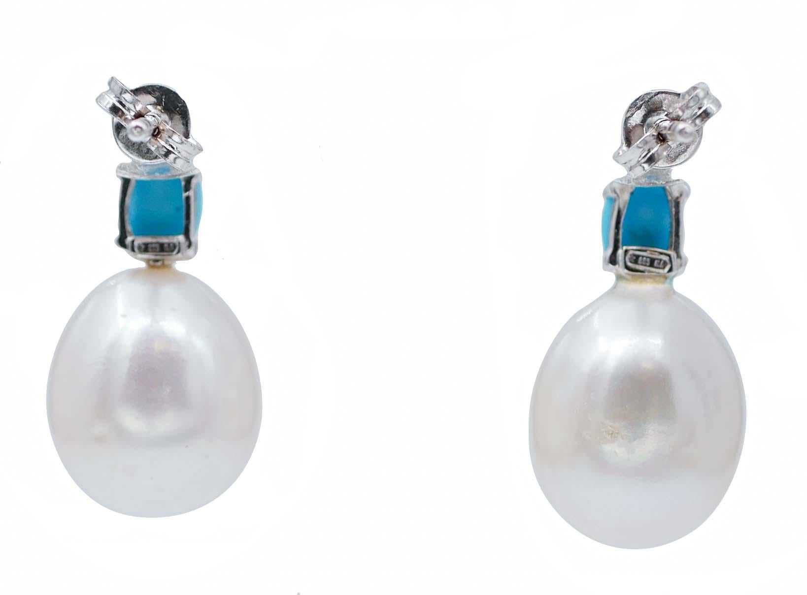 Retro Pearls, Turquoise, Diamonds, 14 Karat White Gold Earrings