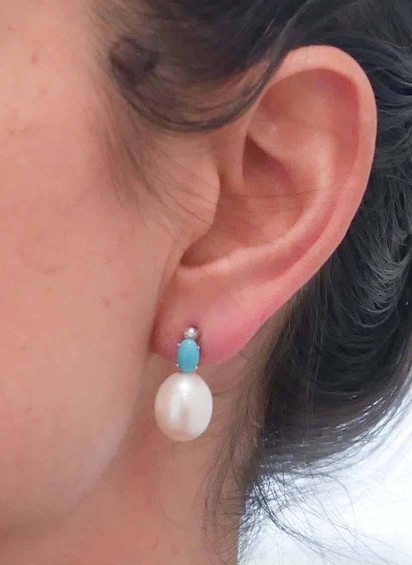 Pearls, Turquoise, Diamonds, 14 Karat White Gold Earrings In New Condition In Marcianise, Marcianise (CE)