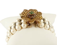 Pearls, Yellow Sapphires, Emeralds, Rubies, Diamonds 9k Rose Gold &Silver Bracelet