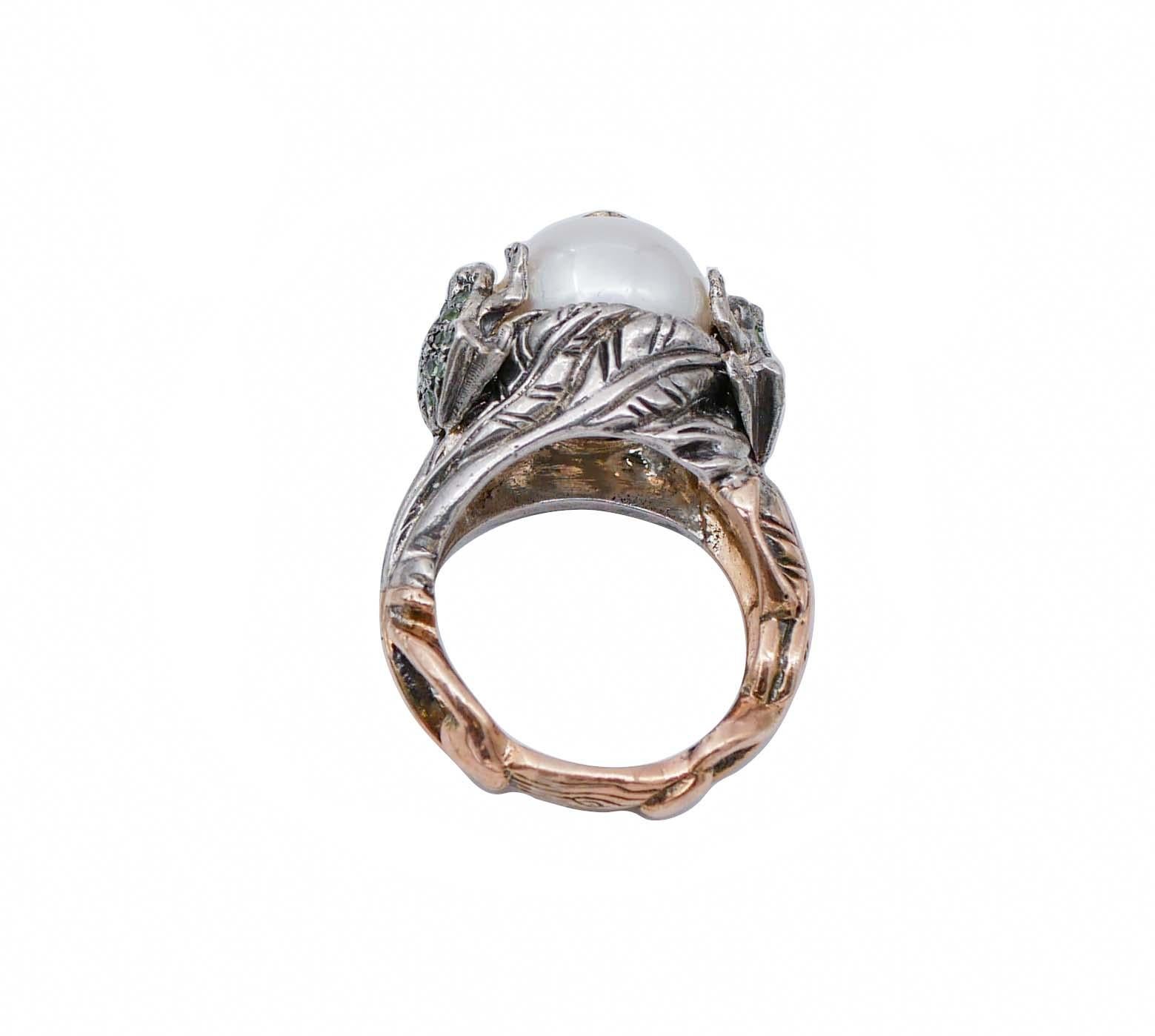 Retro Pearl, Tsavorite, Diamonds, Rose Gold and Silver Retrò Ring For Sale