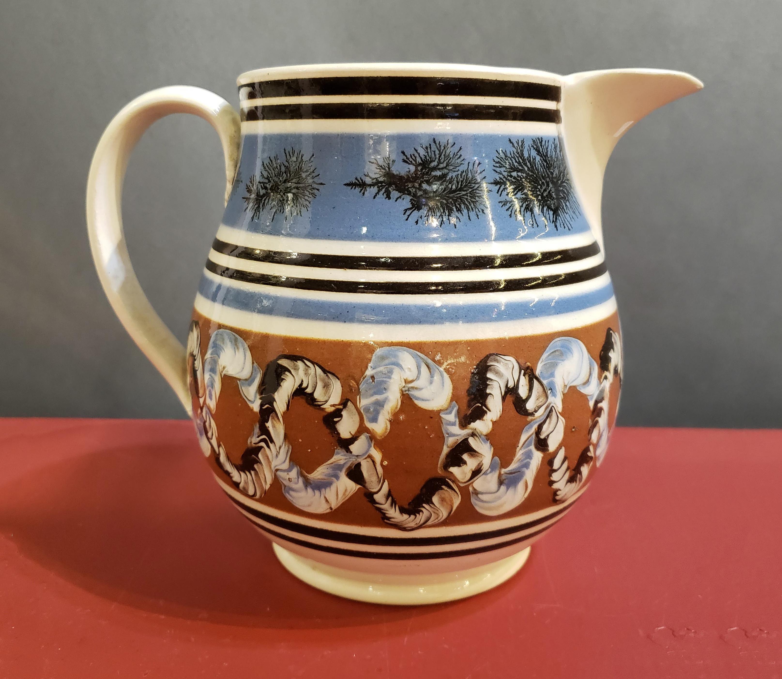 Folk Art Pearlware Pottery Mocha Jug with Seaweed and Earthworm Design, circa 1830