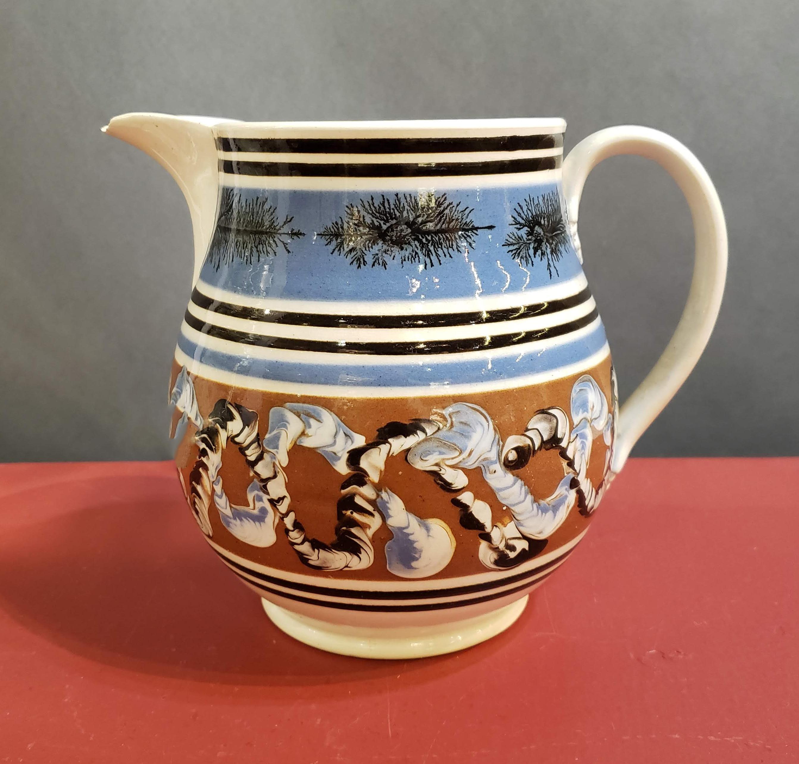 Ceramic Pearlware Pottery Mocha Jug with Seaweed and Earthworm Design, circa 1830