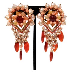 Pearly Intricate Beaded Pink & Orange Dangle Clip-On Statement Earrings