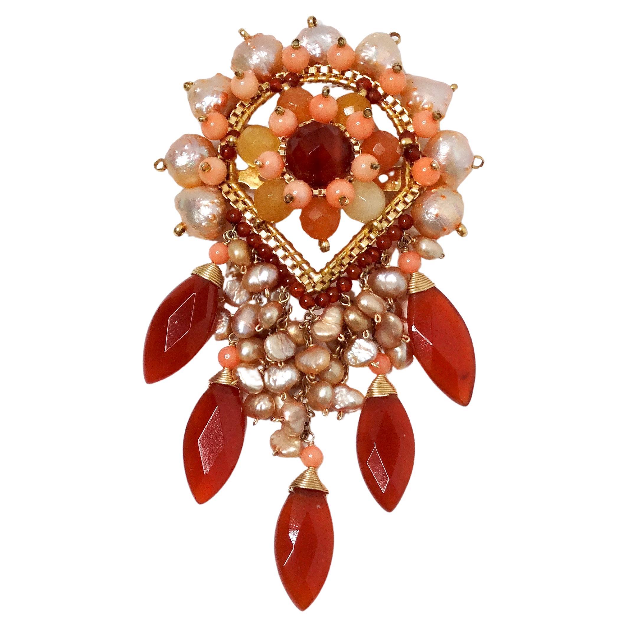 Broche pendante rose et orange perlée