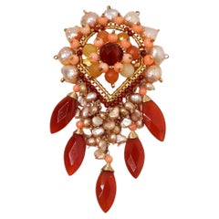 Pearly Intricate Beaded Pink & Orange Dangling Brooch
