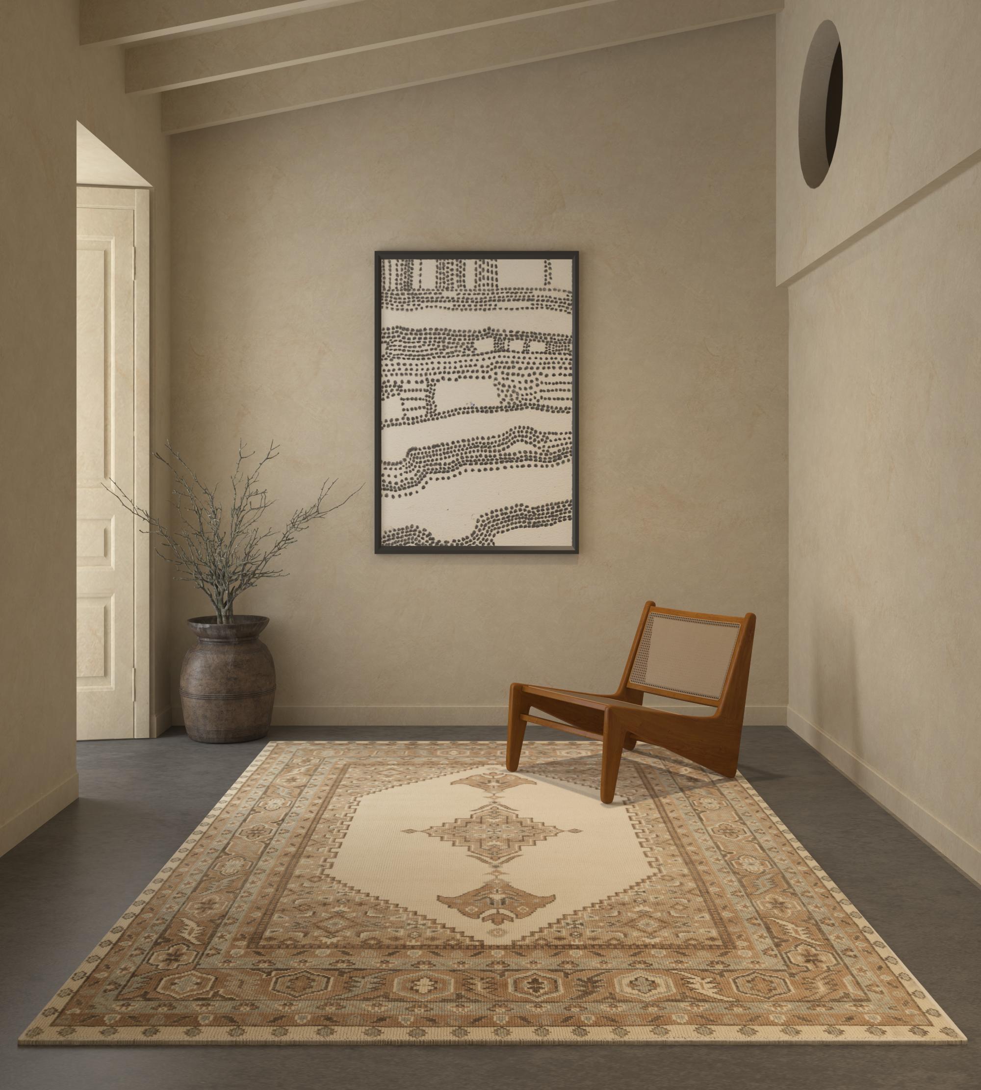 Ce tapis noué à la main de la collection Thyme est le fruit d'un travail artistique exquis et d'une touche de nature. Cette magnifique pièce, fabriquée à partir de la laine la plus fine, présente un beau jeu de tons beige terreux et ivoire lumineux.