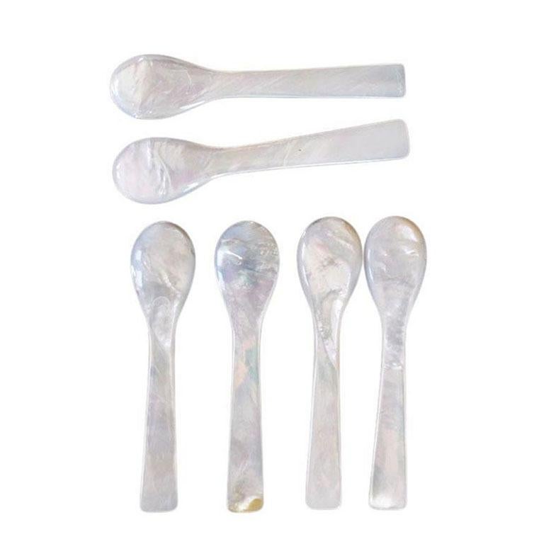 Hollywood Regency Pearly White Capiz Caviar Spoons - Set of 6