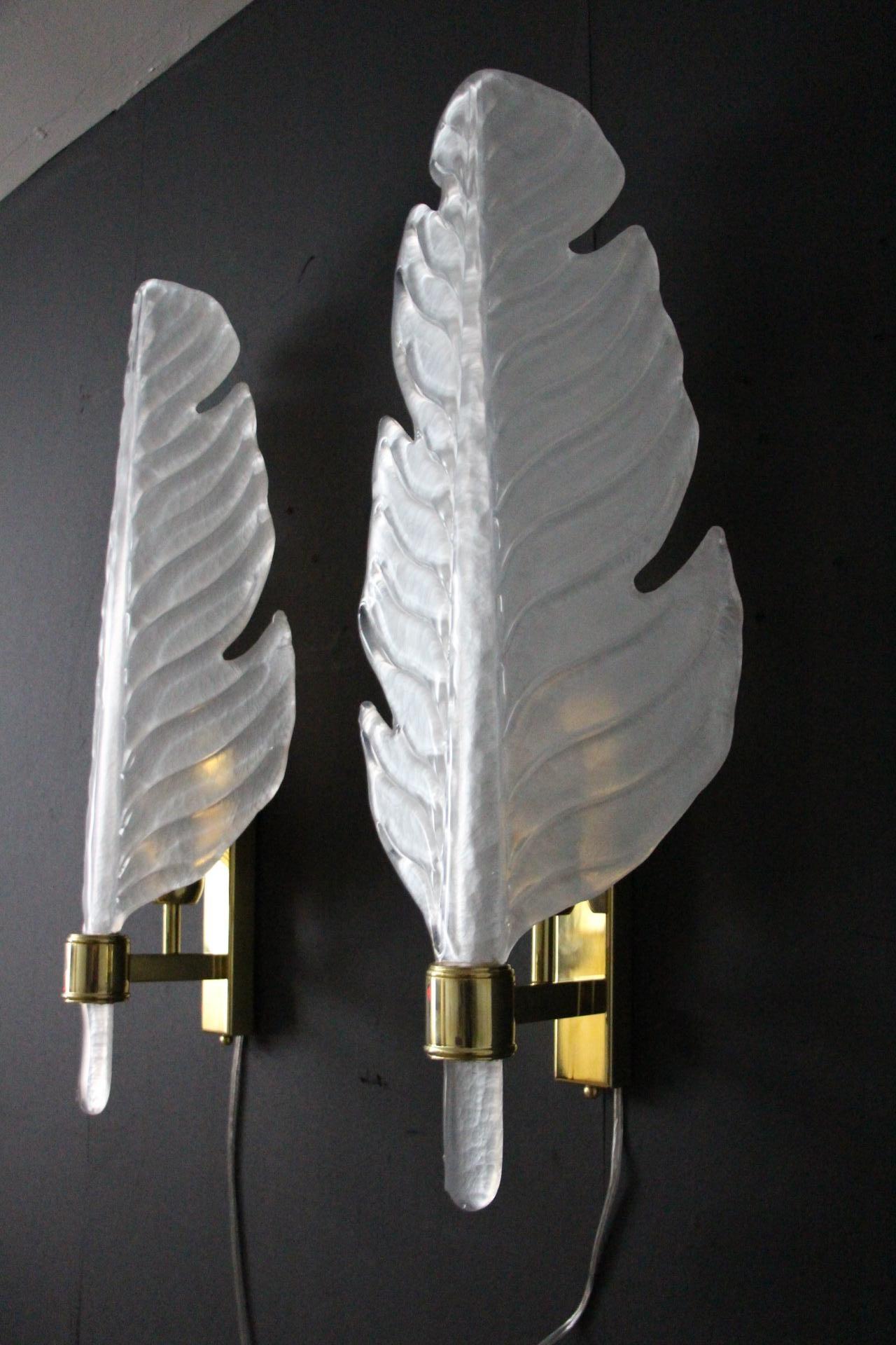 Italian Pearly White Murano Glass Sconces, Leaf Shape Wall Lights,  Barovier Style For Sale