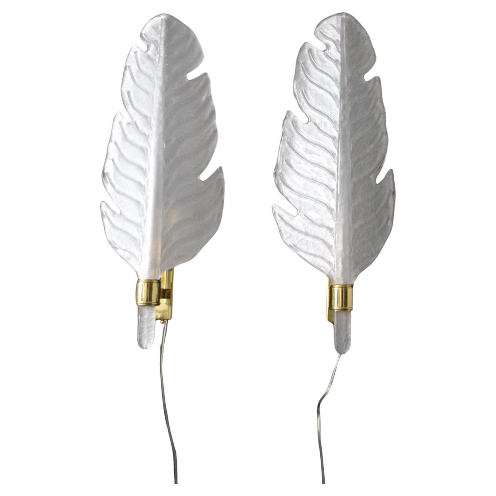Pearly White Murano Glass Sconces, Leaf Shape Wall Lights,  Barovier Style For Sale