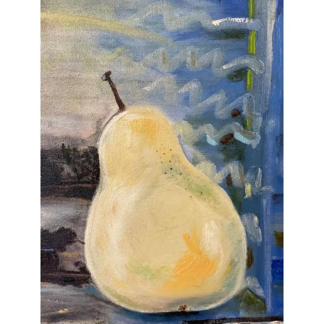 Interesting Modern “Pears as Sun & Moon” Original Acrylic Painting / Artwork by Nashville Artist Will Koenig - Signed Nashville area painter Will Koenig studied art as a young student but then turned to other areas of focus. Returning to art later