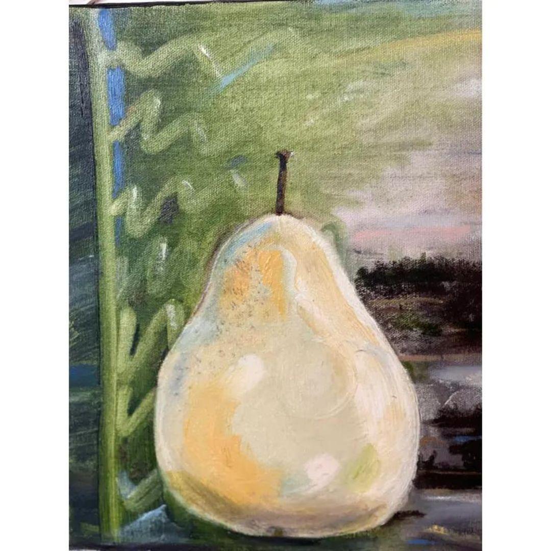 American “Pears as Sun & Moon” Original Contemporary Impressionist Acrylic Painting by Wi For Sale