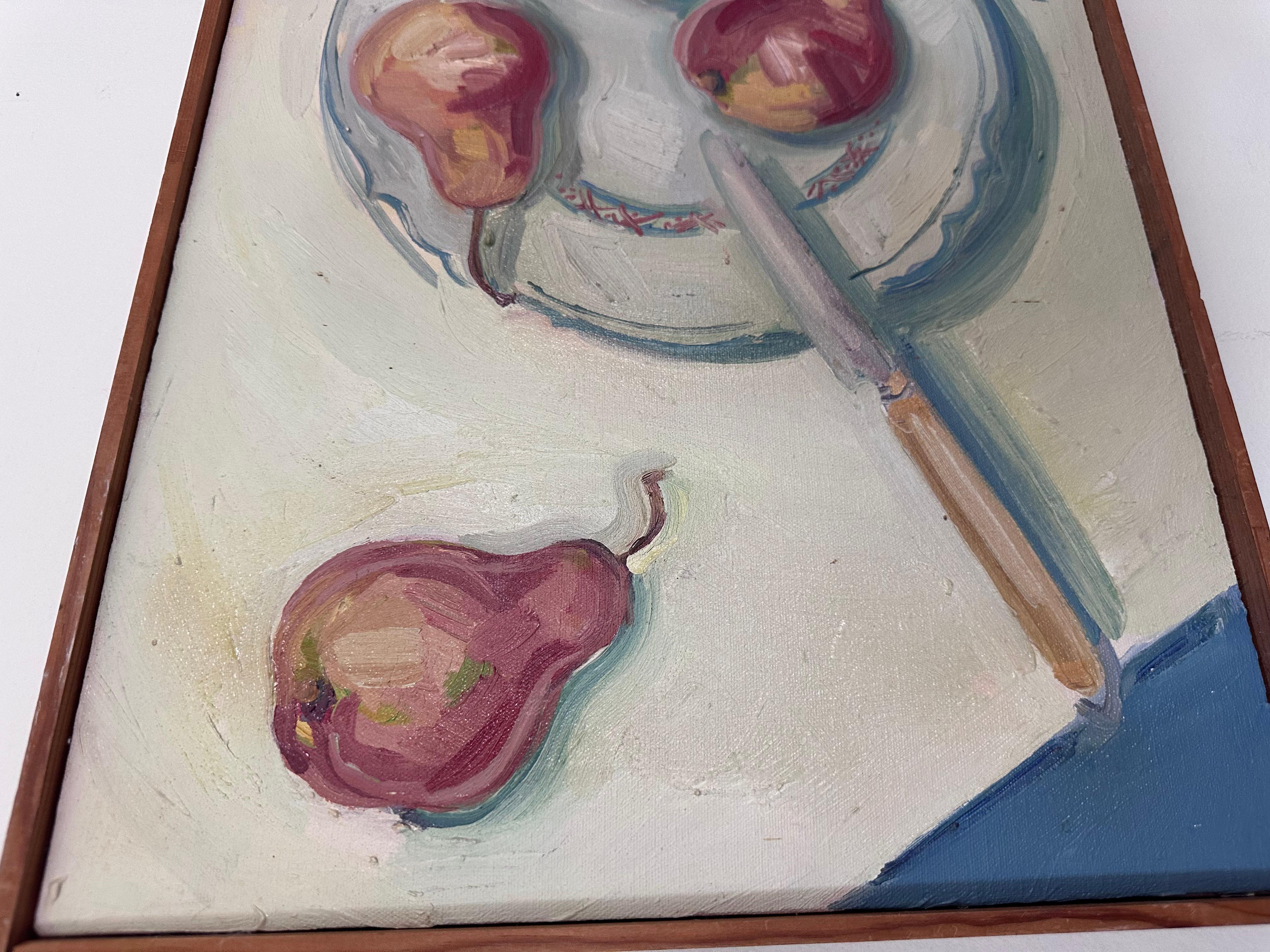 Bodegón de peras, plato y cuchillo pintado por la artista de Luisiana Helene Moyse en venta 4