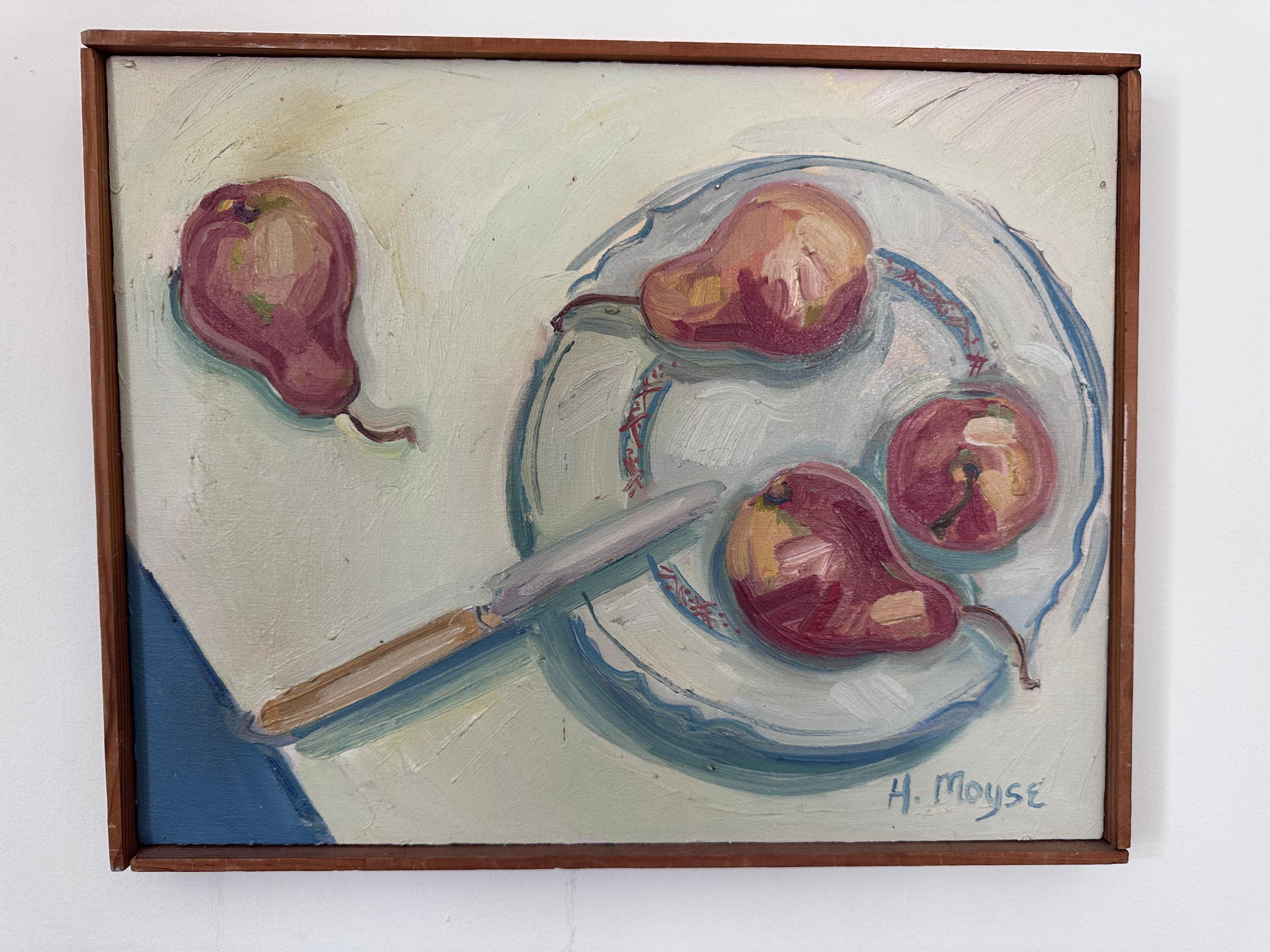 Bodegón de peras, plato y cuchillo pintado por la artista de Luisiana Helene Moyse Estadounidense en venta