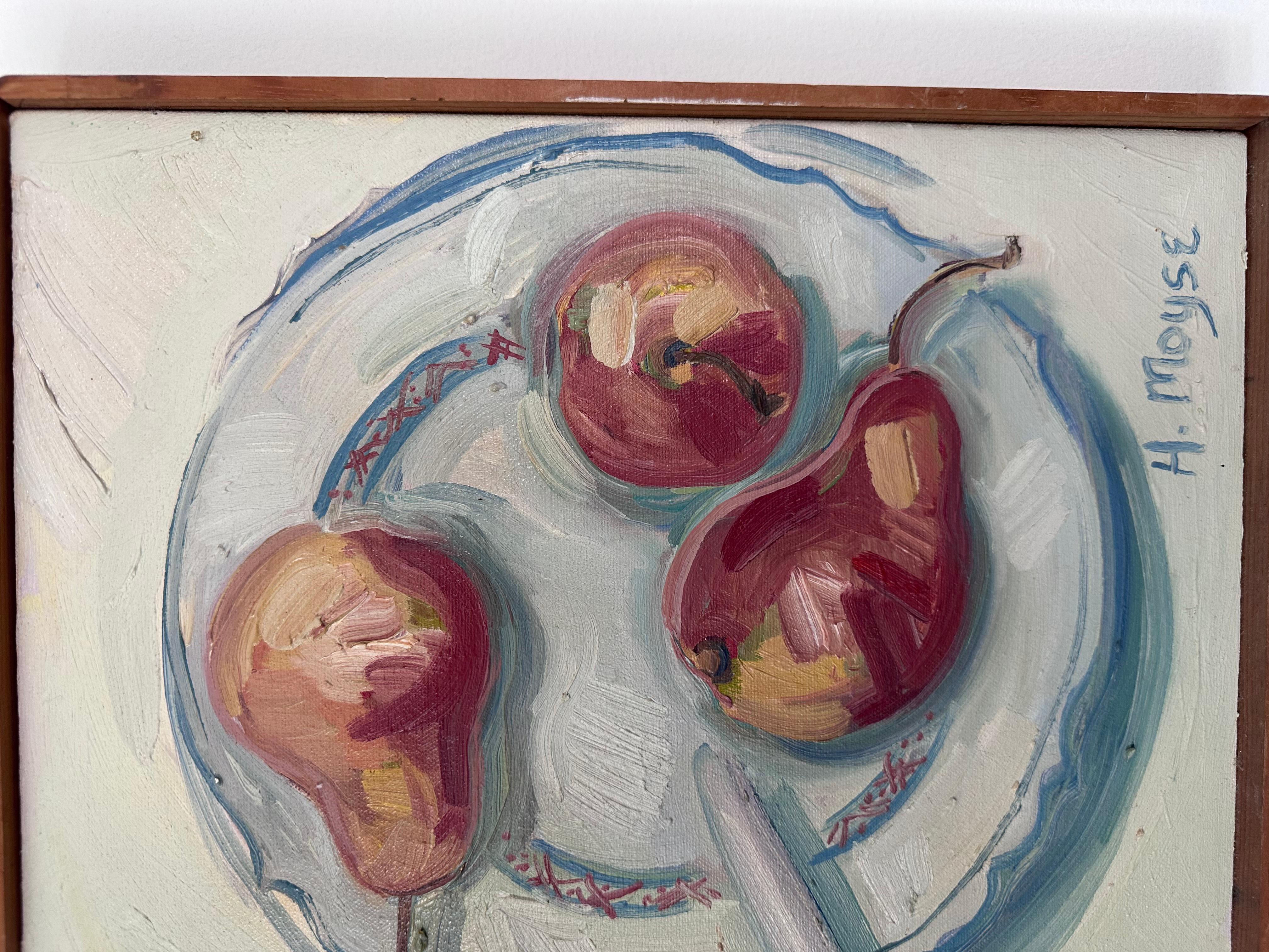 Bodegón de peras, plato y cuchillo pintado por la artista de Luisiana Helene Moyse en Bueno estado para la venta en Baton Rouge, LA
