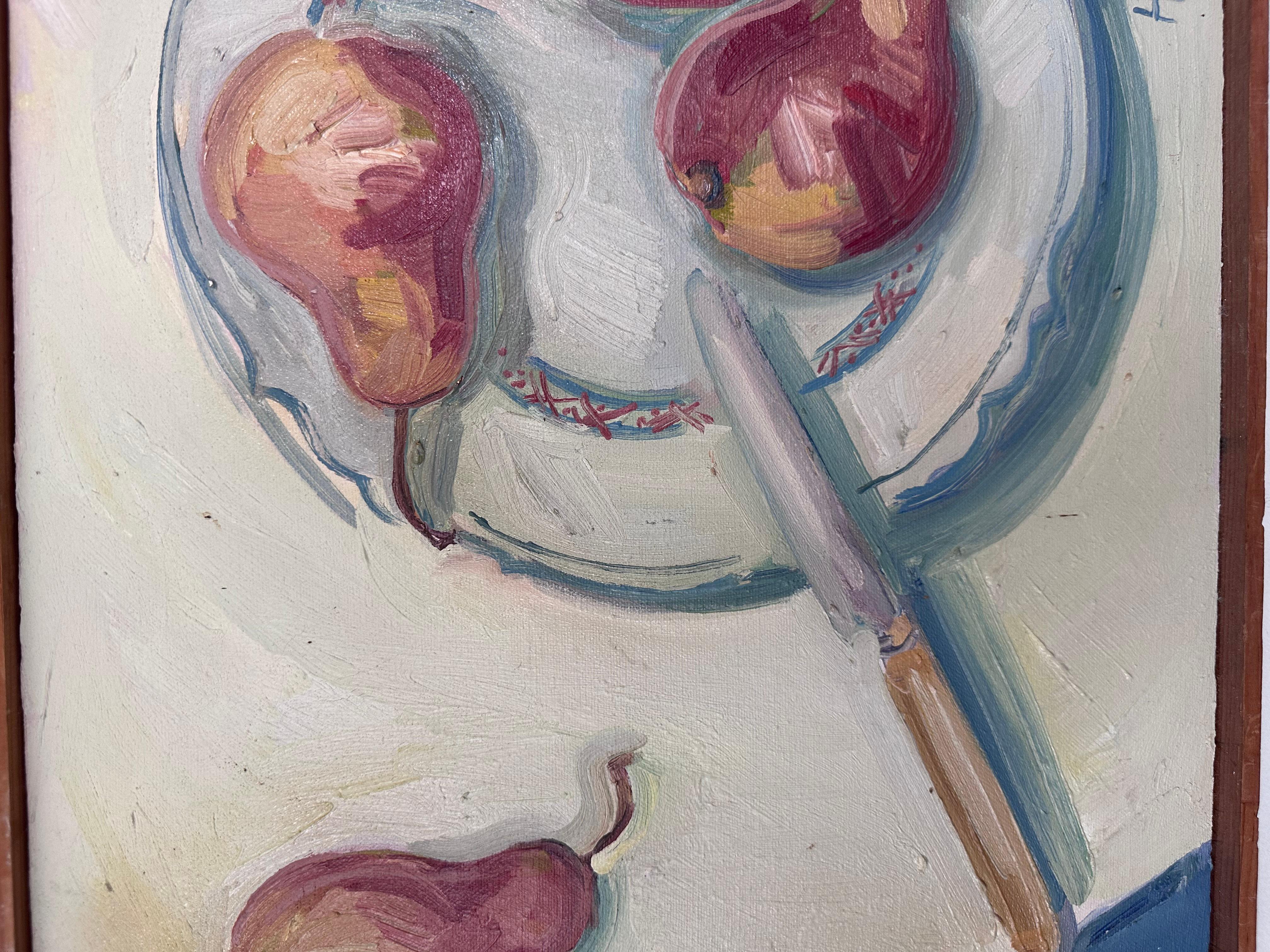 Bodegón de peras, plato y cuchillo pintado por la artista de Luisiana Helene Moyse siglo XX en venta