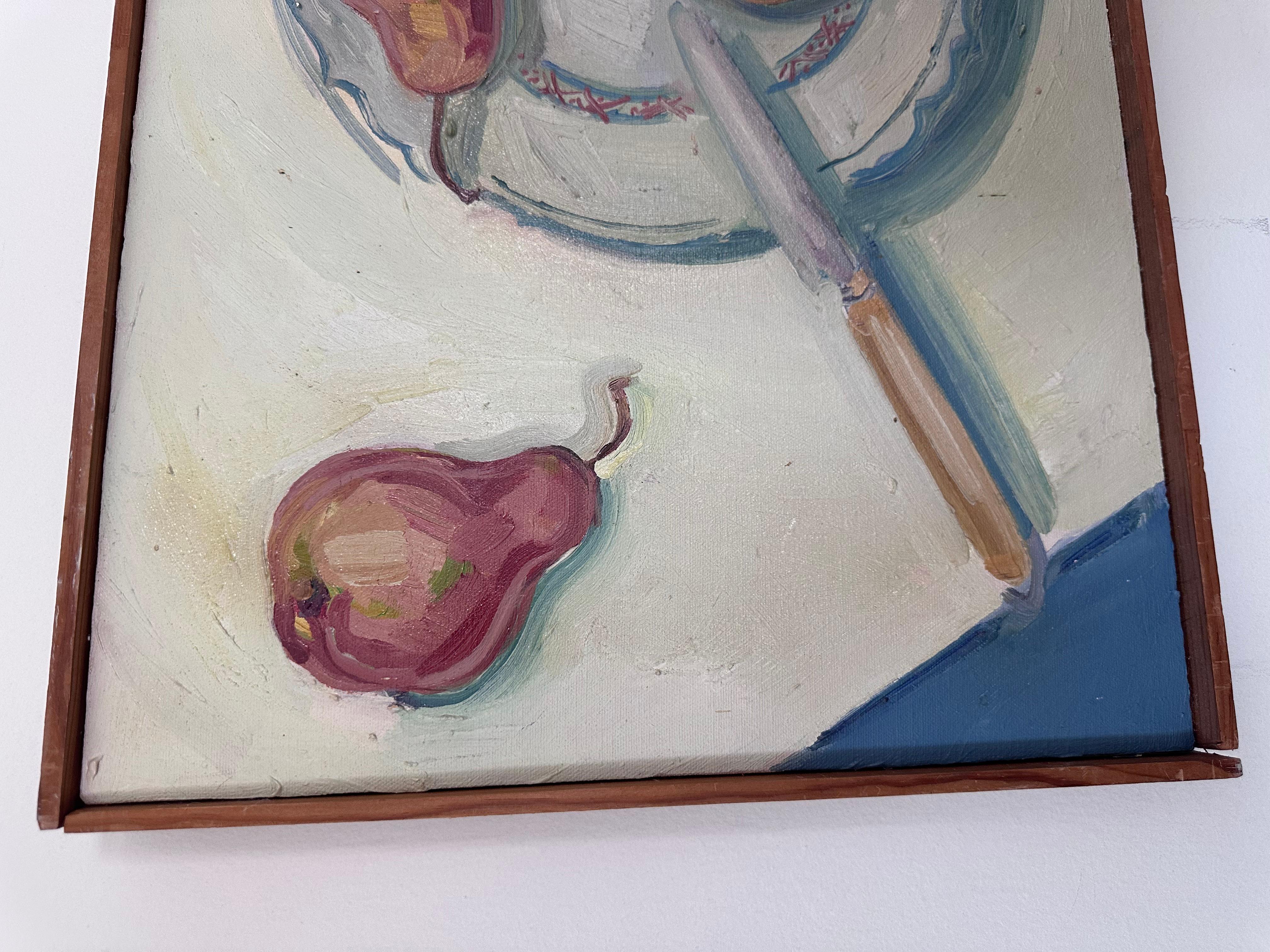 Bodegón de peras, plato y cuchillo pintado por la artista de Luisiana Helene Moyse Pintura en venta