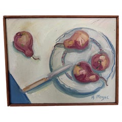 Bodegón de peras, plato y cuchillo pintado por la artista de Luisiana Helene Moyse