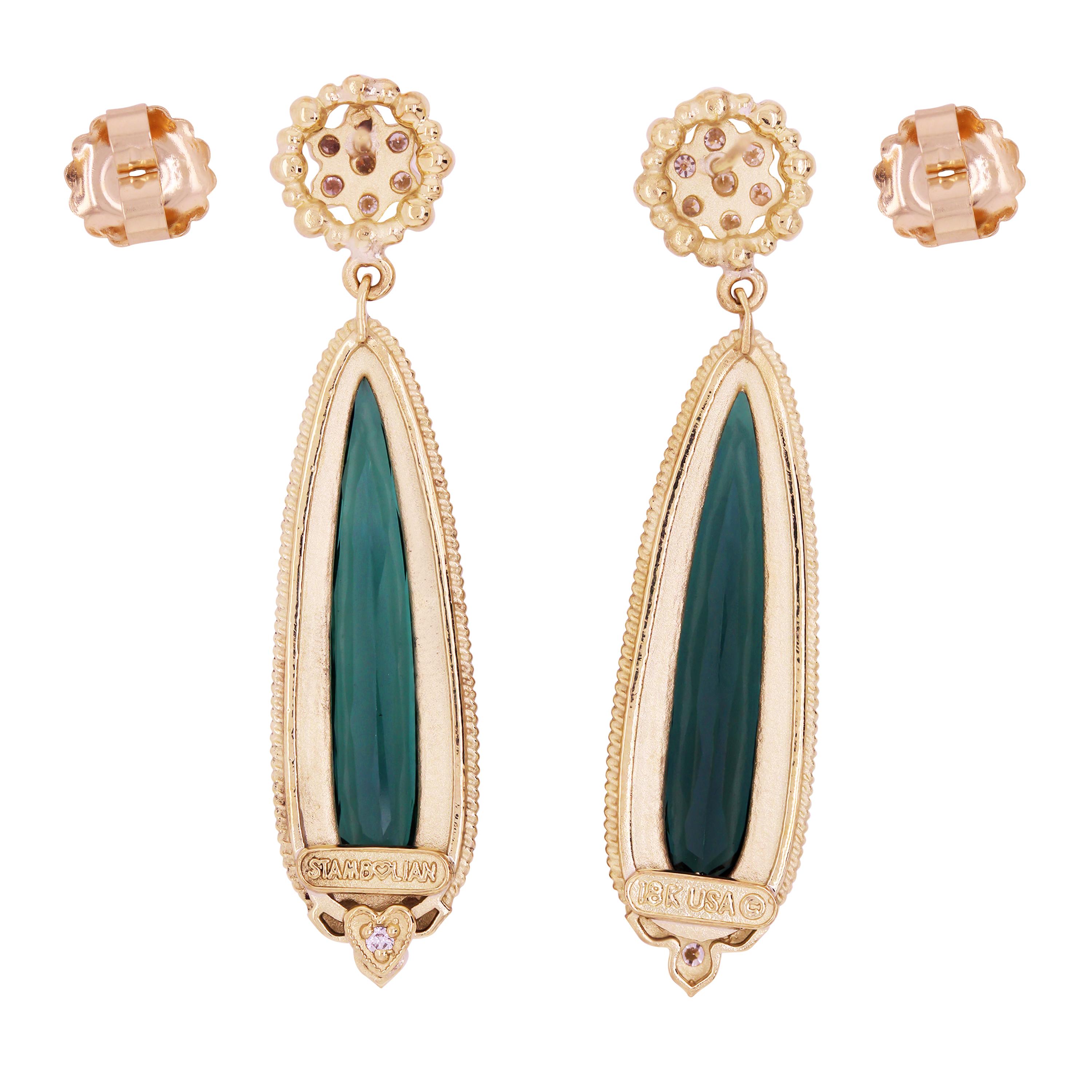 18K Yellow Gold and Diamond Drop Earrings with Pearshape Green Tourmalines and Diamonds by Stambolian

This one-of-a-kind pair of earrings by Stambolian is a true statement piece brings to life the combination of natural beauty along with art